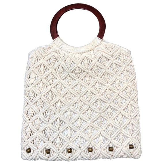 Handbags - Bohemian Macrame Tote Bag Wooden Ring Handles Cream Knitted‎ Shoulder Bag